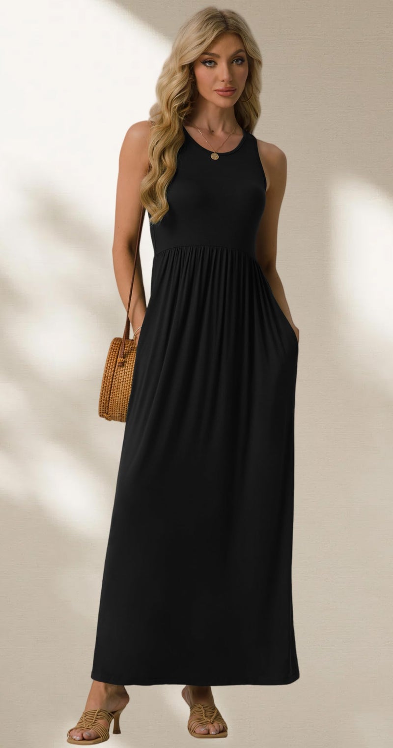 GRECERELLE Women's Summer Sleeveless Casual Long Tank Maxi Dress with Pockets, Black, XL